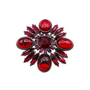 Retro 80s Red Rhinestones Brooch Maltese Cross Domed Cabochons Acrylic Stones